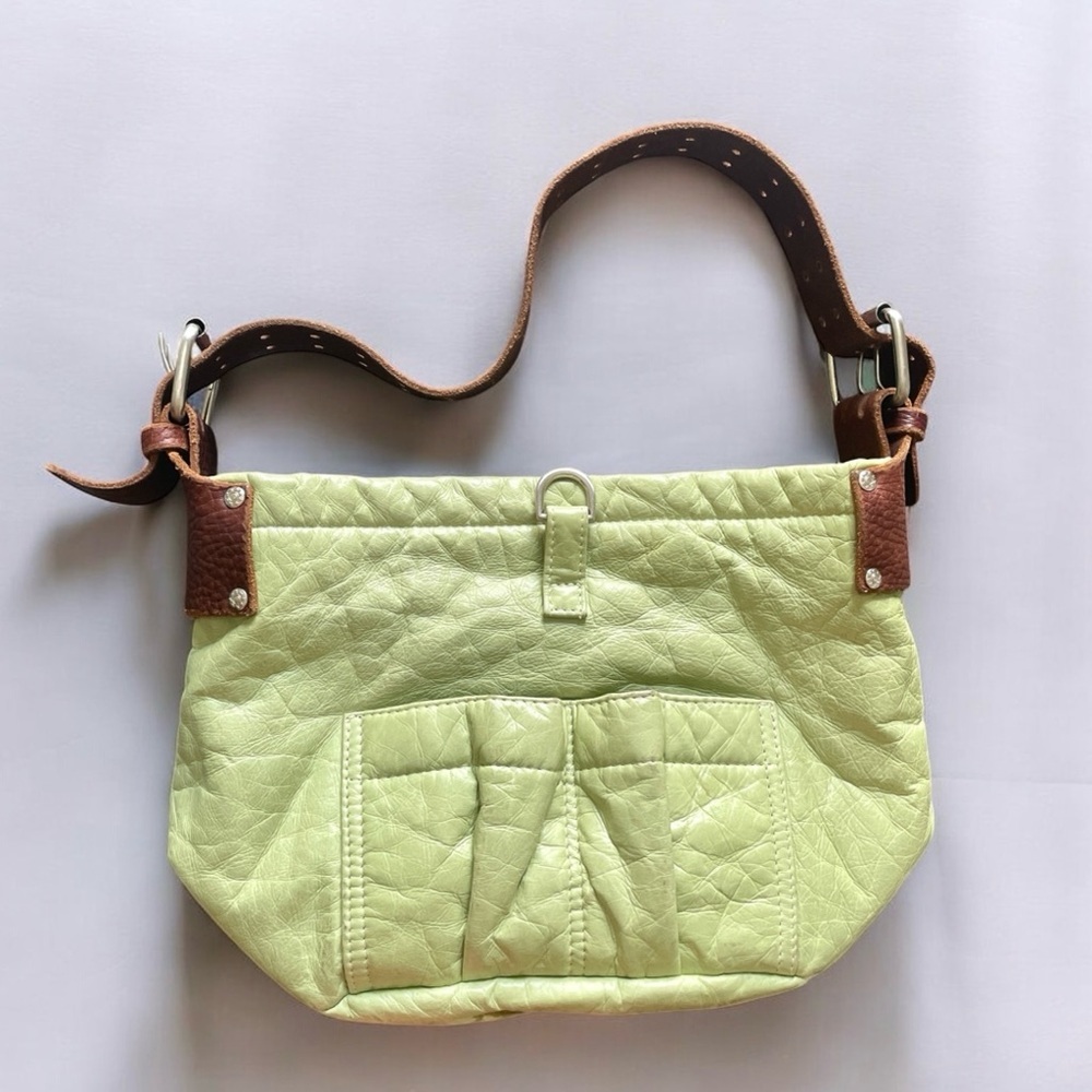 Tylie Malibu Distressed Leather Belted Strap Hobo Bucket Utility Bag in Green - Picture 2 of 11